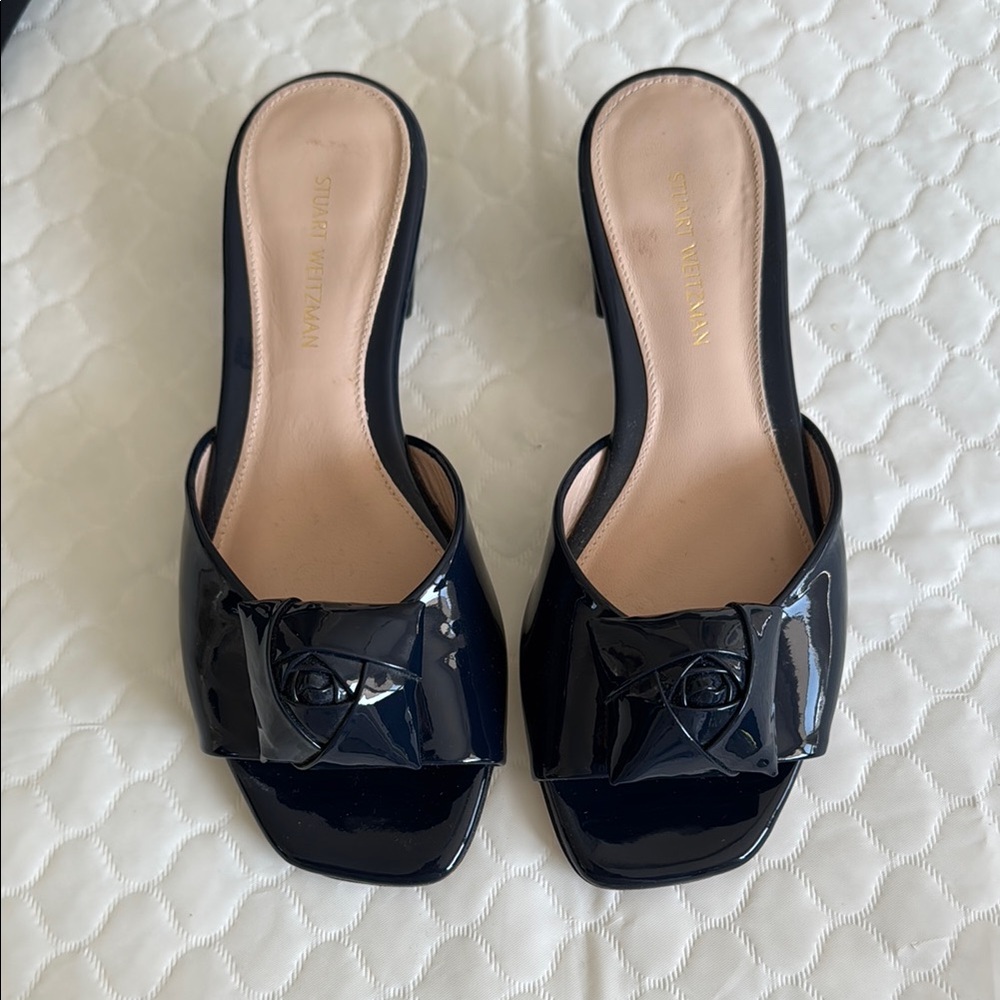 Stuart Weitzman Navy Patent Leather Slides